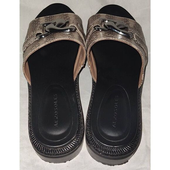 Aerosoles Lima Leather Chunky Lug Soles Slide Sandals Black/ Taupe Snake Size l0 - Picture 2 of 6
